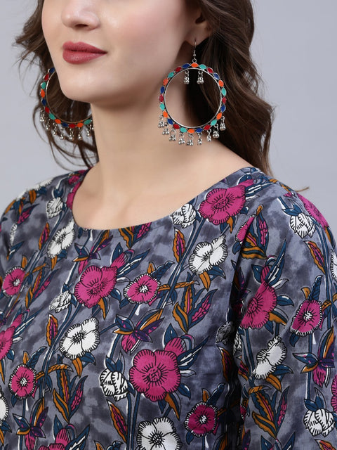 Women Grey Printed Flared Kurta With Palzo & Dupatta