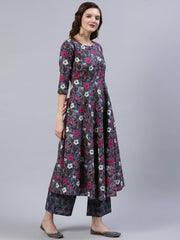 Women Grey Printed Flared Kurta With Palzo & Dupatta