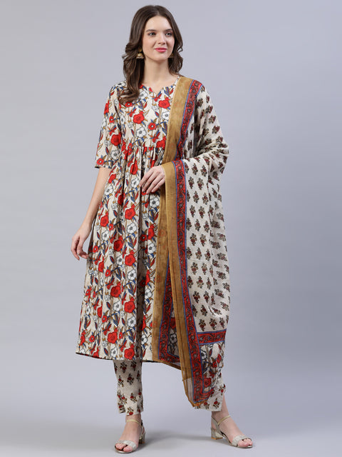 Women Off- White Printed Flared Kurta With Palzo & Dupatta