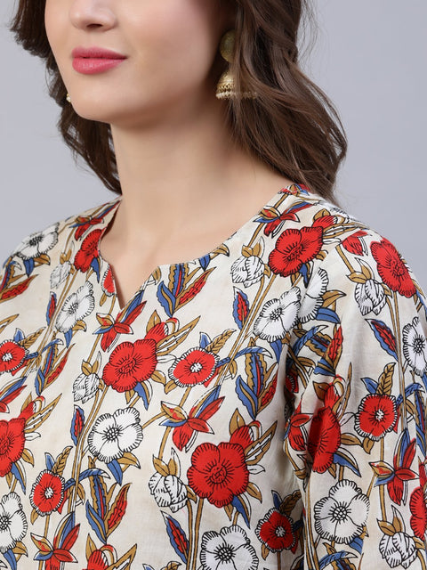 Women Off- White Printed Flared Kurta With Palzo & Dupatta