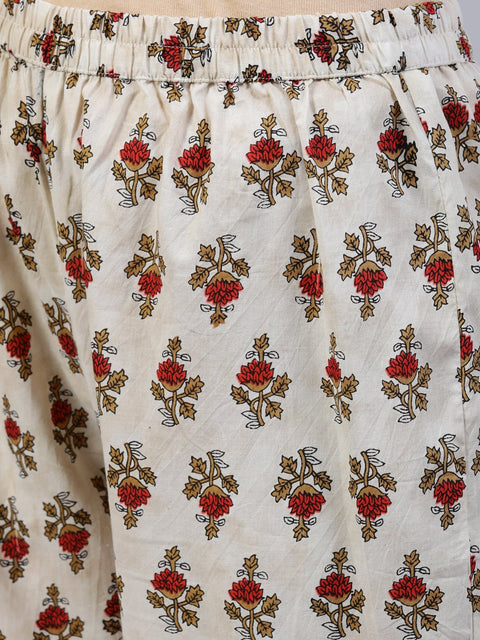 Women Off- White Printed Flared Kurta With Palzo & Dupatta