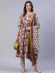 Women Off- White Printed Flared Kurta With Palzo & Dupatta