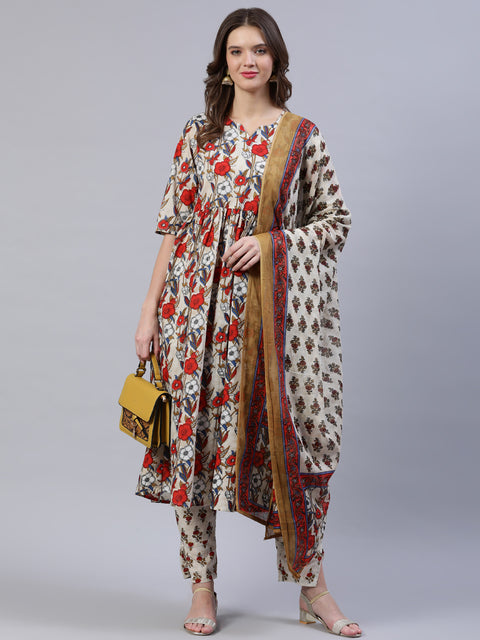 Women Off- White Printed Flared Kurta With Palzo & Dupatta