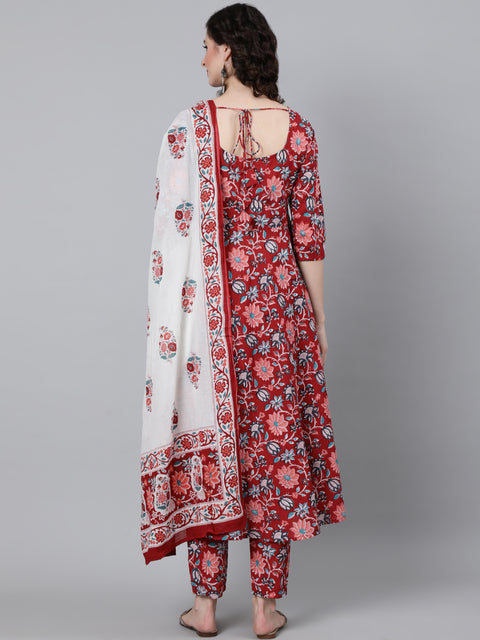 Women Red Floral Printed Kurta With Trouser & Dupatta