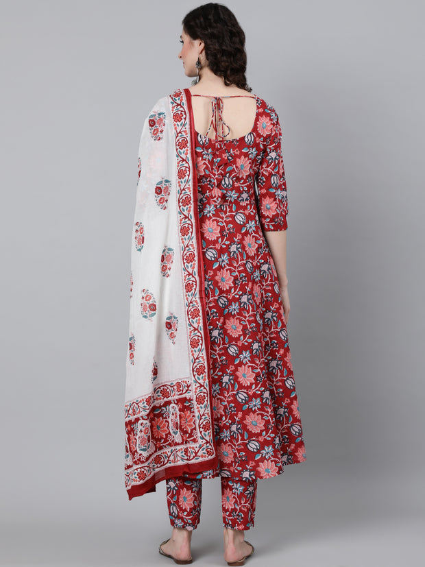 Women Red Floral Printed Kurta With Trouser & Dupatta