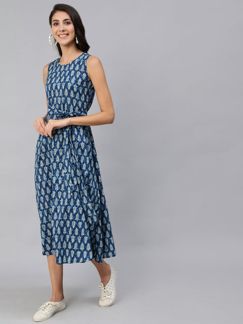 Women Blue Printed Sleeveless Dress