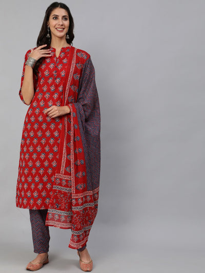 Women Red & Blue Floral Printed Kurta Set With Palazo & Dupatta