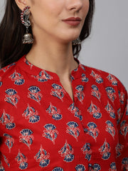 Women Red & Blue Floral Printed Kurta Set With Palazo & Dupatta