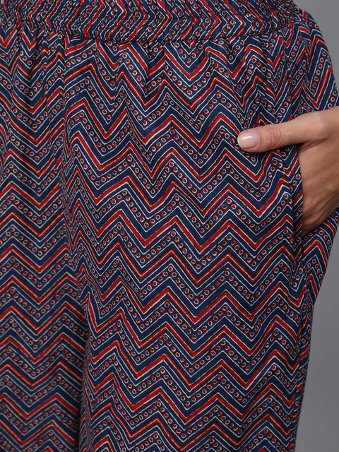 Women Red & Blue Floral Printed Kurta Set With Palazo & Dupatta