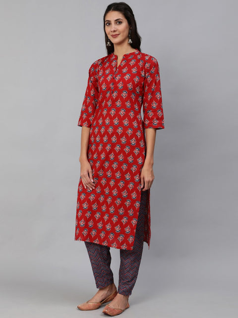Women Red & Blue Floral Printed Kurta Set With Palazo & Dupatta