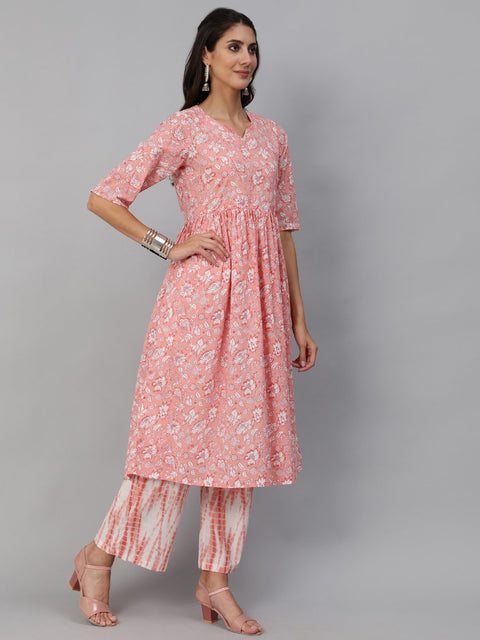 Women Pink Floral Printed Kurta Set With Palazo & Dupatta