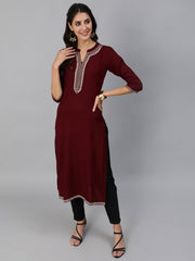 Women Burgundy Embroidered Straight Kurta With Three Quarter Sleeves