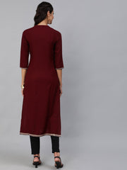 Women Burgundy Embroidered Straight Kurta With Three Quarter Sleeves