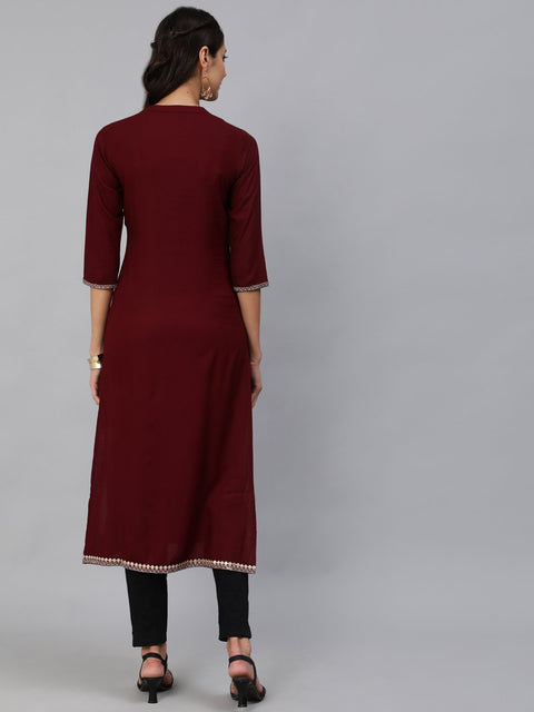 Women Burgundy Embroidered Straight Kurta With Three Quarter Sleeves