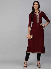 Women Burgundy Embroidered Straight Kurta With Three Quarter Sleeves