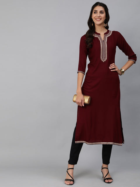 Women Burgundy Embroidered Straight Kurta With Three Quarter Sleeves