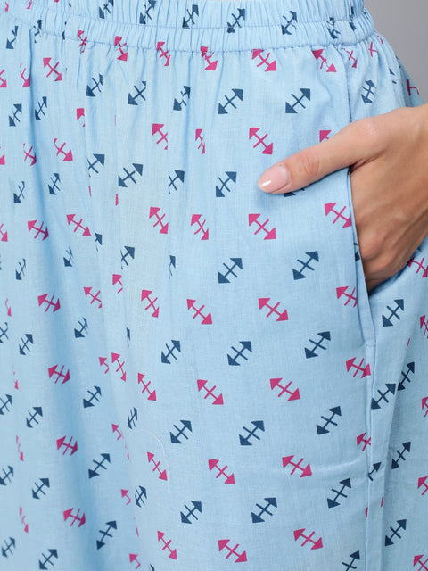 Women Blue Printed Wrap Around Night Suit Set