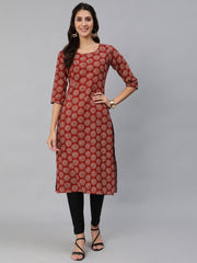 Women Maroon Embroidered Straight Kurta With Three Quarter Sleeves