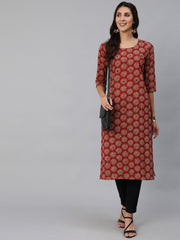 Women Maroon Embroidered Straight Kurta With Three Quarter Sleeves