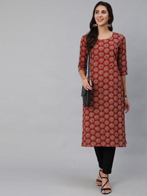 Women Maroon Embroidered Straight Kurta With Three Quarter Sleeves