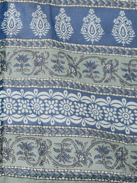 Women Blue & Cream Floral Printed Kurta Set With Trouser & Dupatta