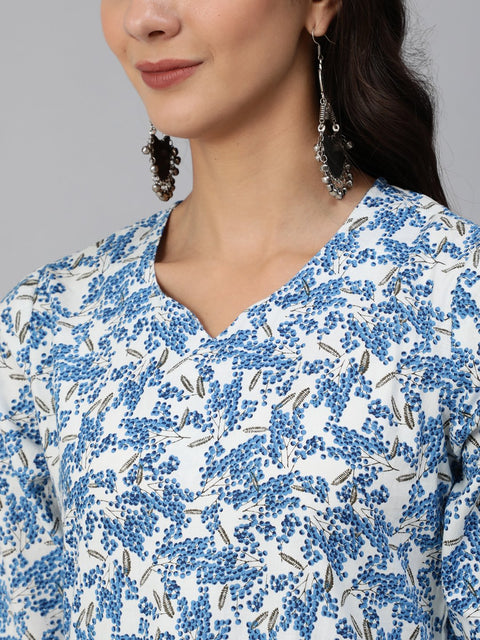 Women Blue & White Floral Printed Kurta Set With Trouser & Dupatta