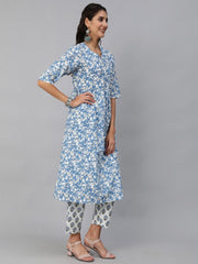 Women Blue & White Floral Printed Kurta Set With Trouser & Dupatta