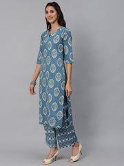 Women Blue & Gold  Printed Kurta Set With Plazo & Dupatta