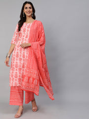 Women Pink Printed Kurta Set With Plazo & Dupatta