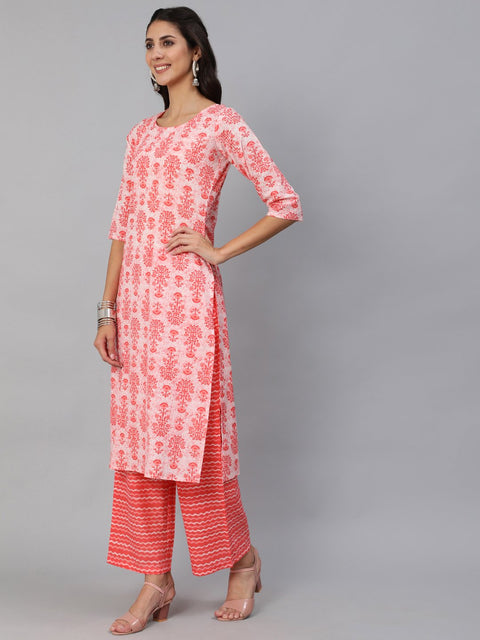 Women Pink Printed Kurta Set With Plazo & Dupatta