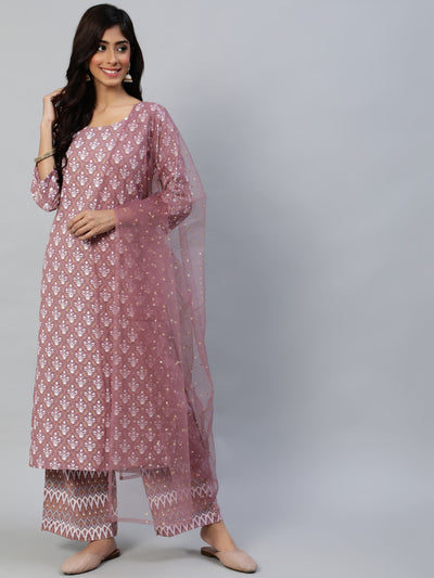 Women Pink Straight Kurta With Plazo & Sequened Dupatta