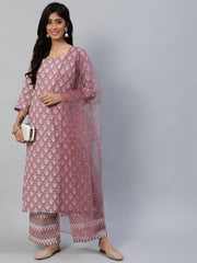Women Pink Straight Kurta With Plazo & Sequened Dupatta