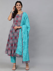 Women Pink & Blue Printed Kurta Set With Plazo & Dupatta
