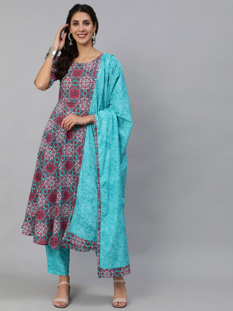 Women Pink & Blue Printed Kurta Set With Plazo & Dupatta