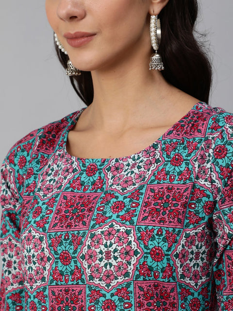 Women Pink & Blue Printed Kurta Set With Plazo & Dupatta