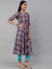 Women Pink & Blue Printed Kurta Set With Plazo & Dupatta