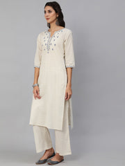 Women Cream & Blue Embroidered Straight Kurta Set With Plazo & Wrinkled Dupatta
