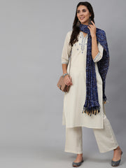 Women Cream & Blue Embroidered Straight Kurta Set With Plazo & Wrinkled Dupatta
