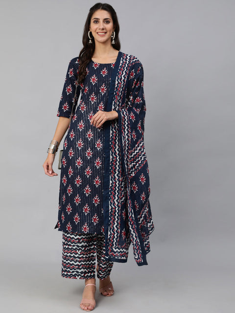 Women Blue Ethnic Striped Printed Straight Kurta With Three Quarter Sleeves