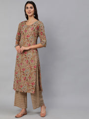 Women Grey Printed Straight Kurta Set With Plazo &  Dupatta