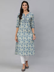 Women Blue & Cream Floral Printed Straight Kurta With Three Quarter Sleeves