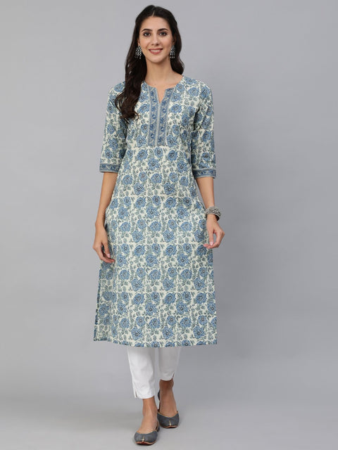 Women Blue & Cream Floral Printed Straight Kurta With Three Quarter Sleeves