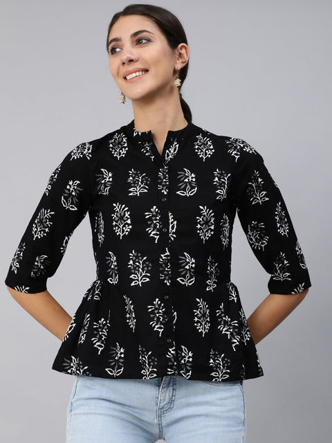 Women Black Printed Top With Three Quarter Flared Sleeves