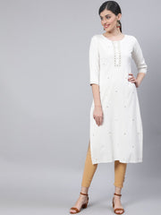 Women Off White Embroidered Straight Kurta with Three Quarter Sleeves