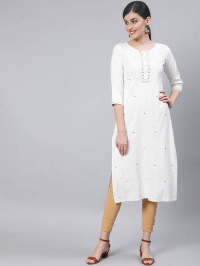 Women Off White Embroidered Straight Kurta with Three Quarter Sleeves