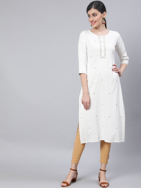 Women Off White Embroidered Straight Kurta with Three Quarter Sleeves