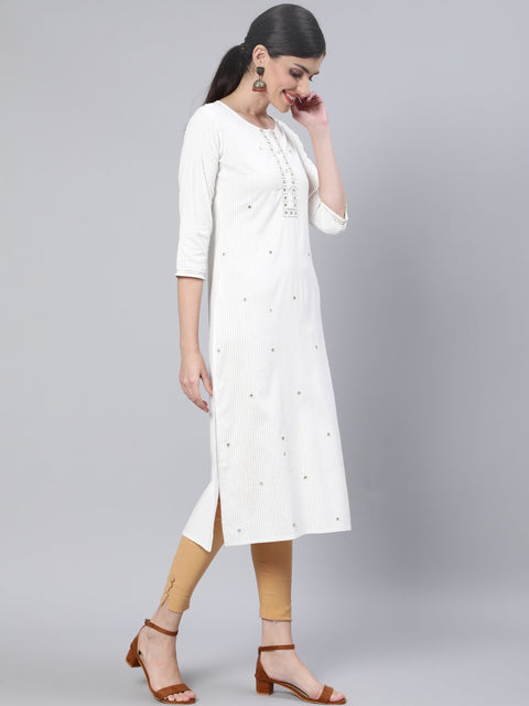 Women Off White Embroidered Straight Kurta with Three Quarter Sleeves