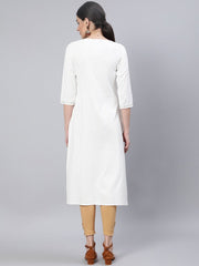 Women Off White Embroidered Straight Kurta with Three Quarter Sleeves