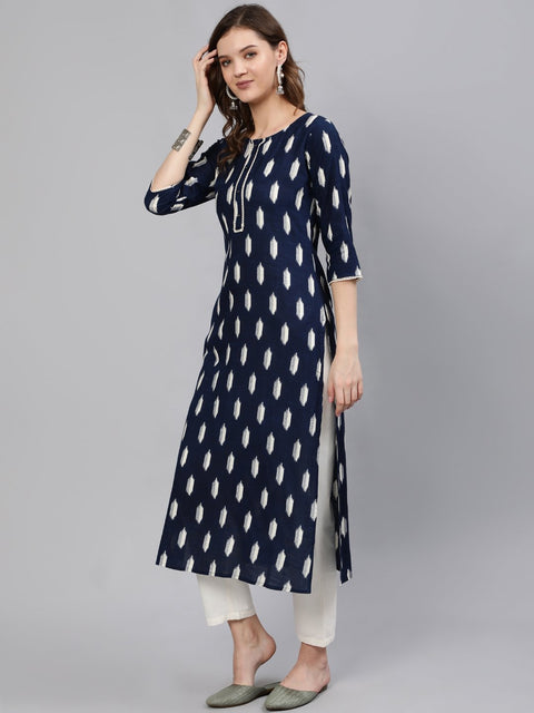 Women Navy Blue Printed Straight Kurta With Three Quarter Sleeves