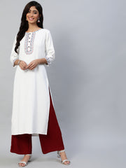 Women Off White Embroidered Straight Kurta With Three Quarter Sleeves